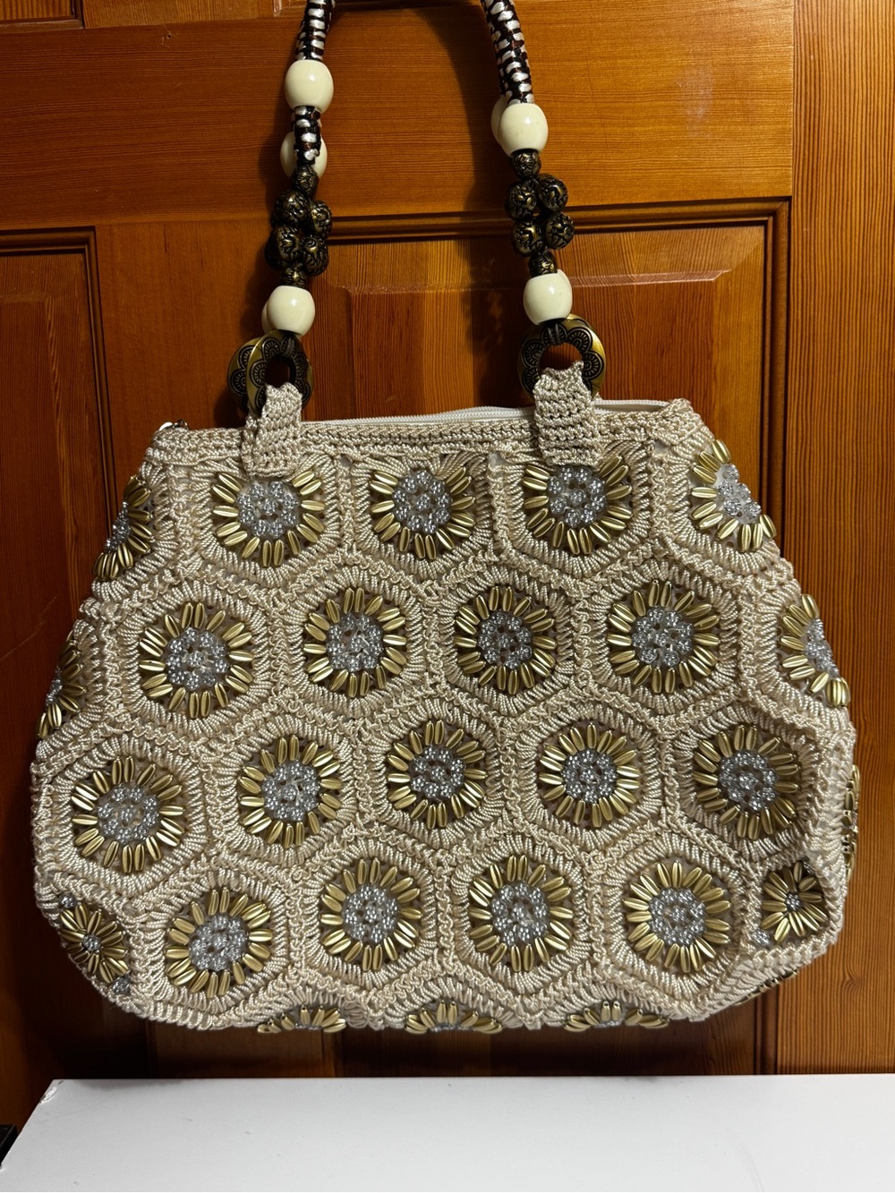 Handmade Beige & Gold Beaded Crochet Tote Bag